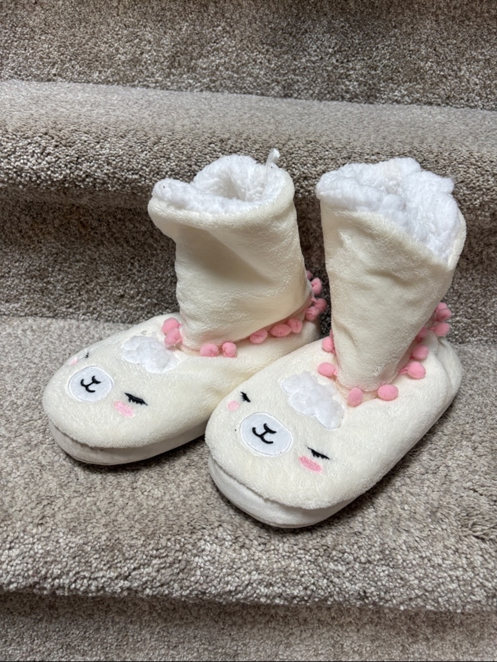Justice Cream Plush Lamb Bootie Slippers with Pink Pom Trim